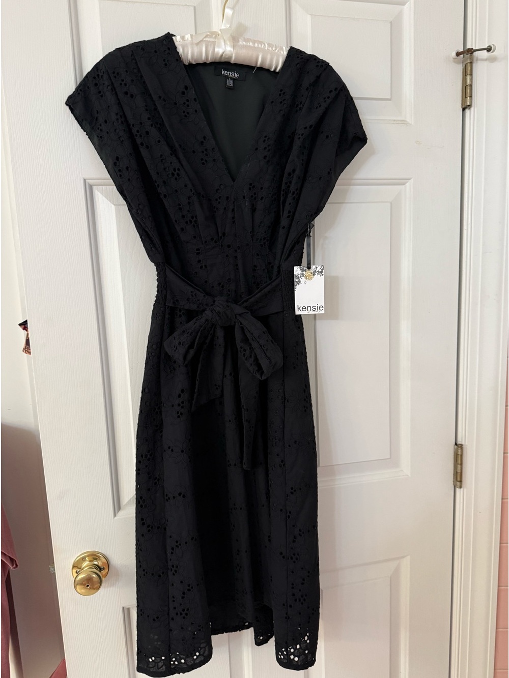 🖤kensie Black Eyelet Midi Wrap Dress with Waist Tie NWT - Picture 3 of 12